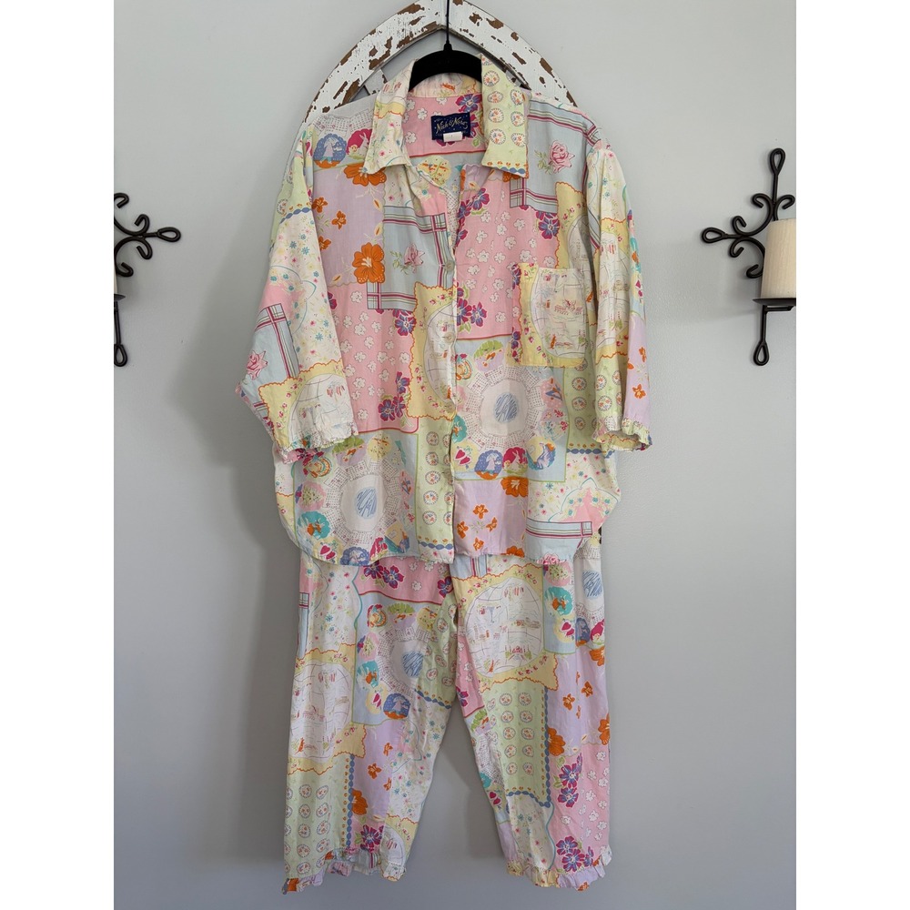 Vtg Nick & Nora Pajama Set Size Medium Calendar Holiday Months Patchwork Print